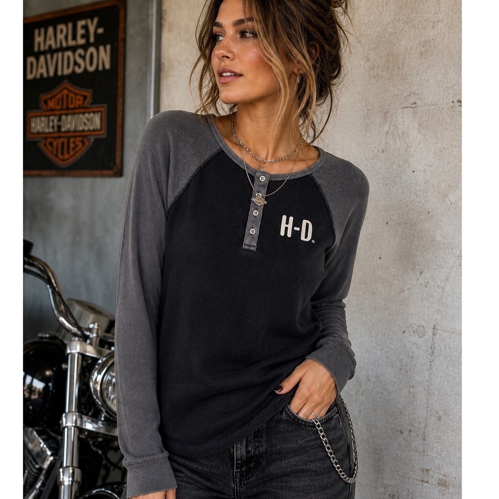 Harley Davidson Waffle Knit Henley Raglan Black Grey Size M